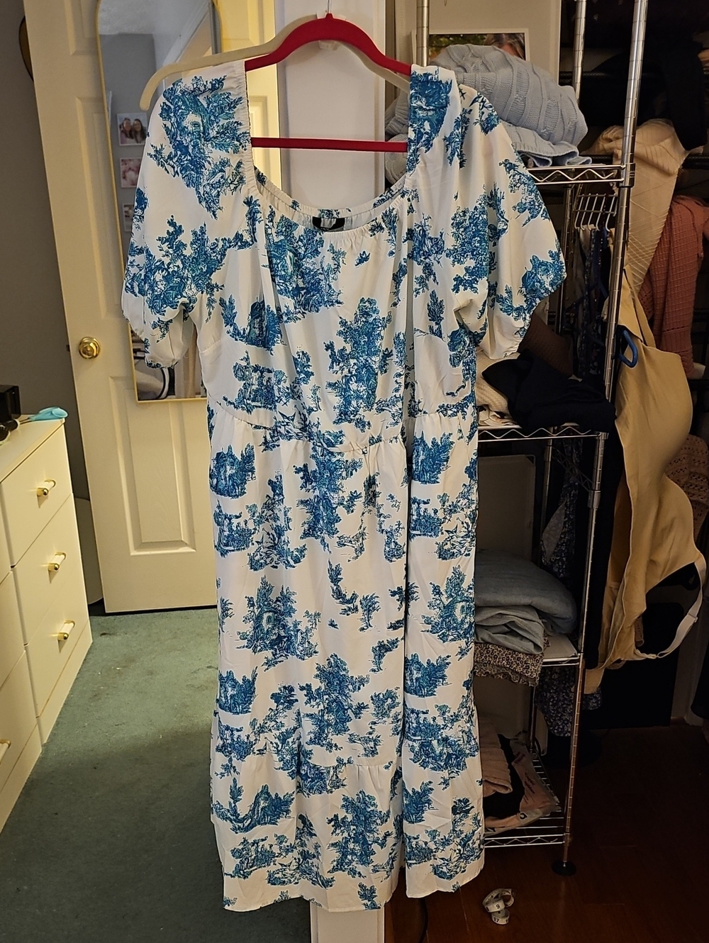 BloomChic White Midi Dress with Blue Floral Print